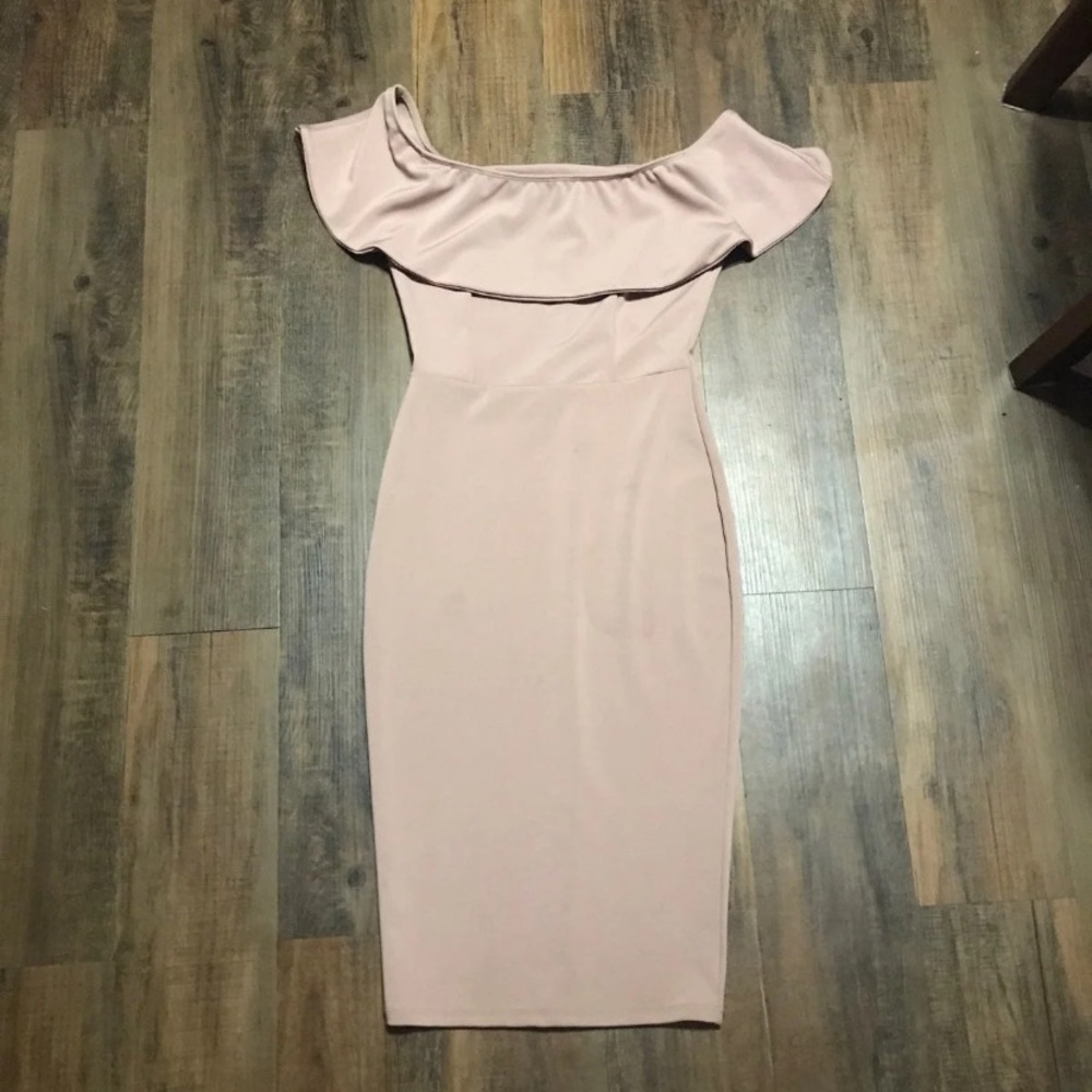 Off the shoulder dress.